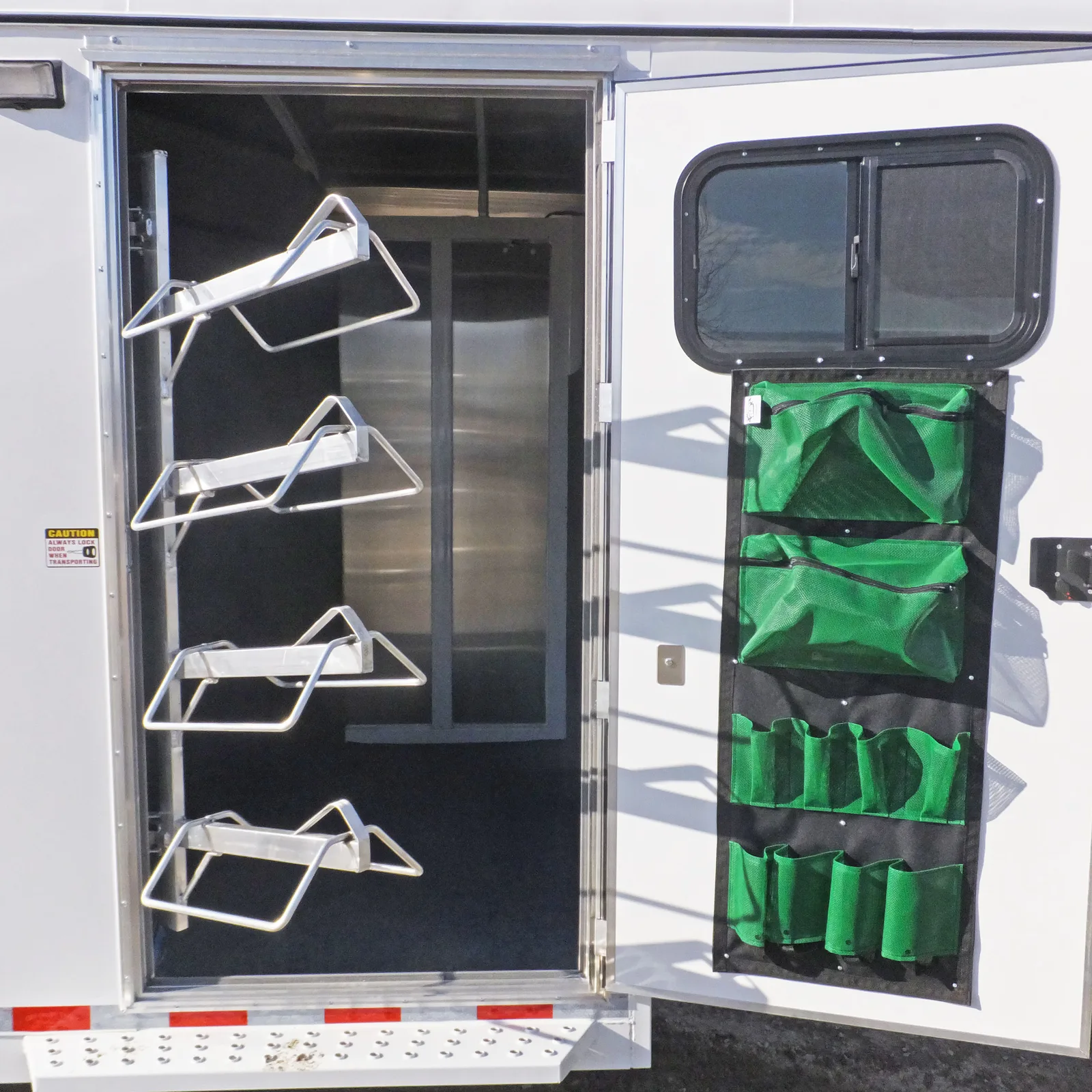 Maverick 4 horse gooseneck with optional swing out saddle rack.